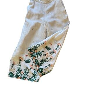 White linen floral wide leg pull on boho Beachy summer pants